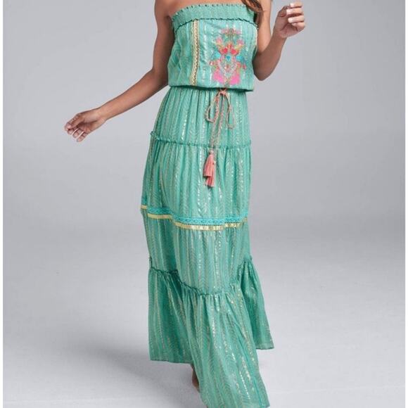 VENUS Dresses & Skirts - Venus Strapless Dress M/L Womens Bohemian Maxi Metallic Gold Teal Tassel Hippie